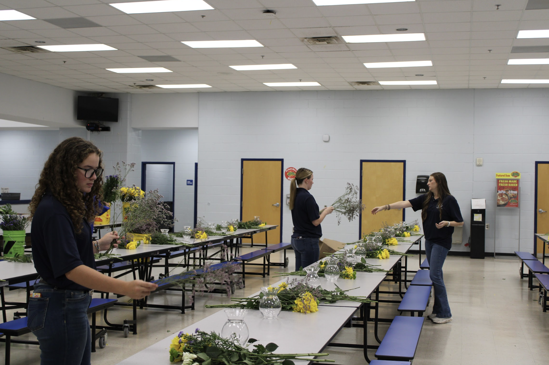 Oglethorpe County FFA officers prepare flowers for the floral design contest Thursday in the high school cafeteria. From left, sophomore Katherine Horsley, senior Daisy Brown and senior Andee Dellinger organized vases and flowers before students arrived to compete. (Photo/Ella Jones)