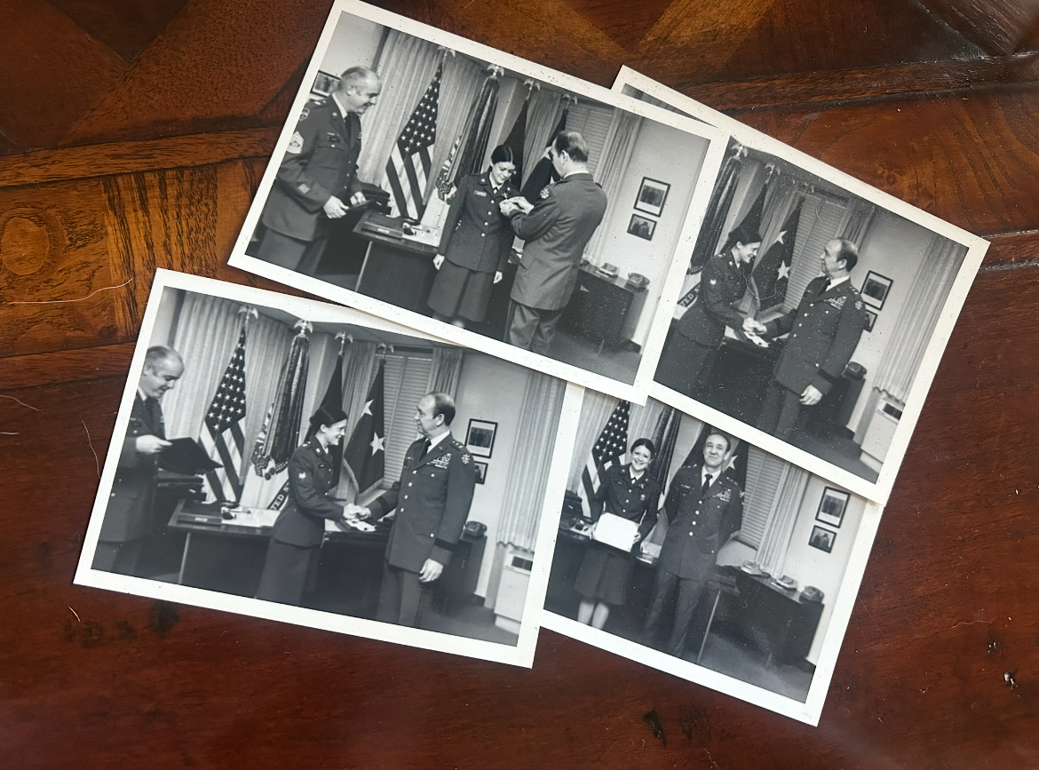 Debbie Furbish is shown in Polaroid photos being recognized by Maj. Gen. Paul M. Timmerberg during her time in the U.S. Army. During her service, she also met the Secretary of State during the Carter administration. (Photo/Molly Moore)