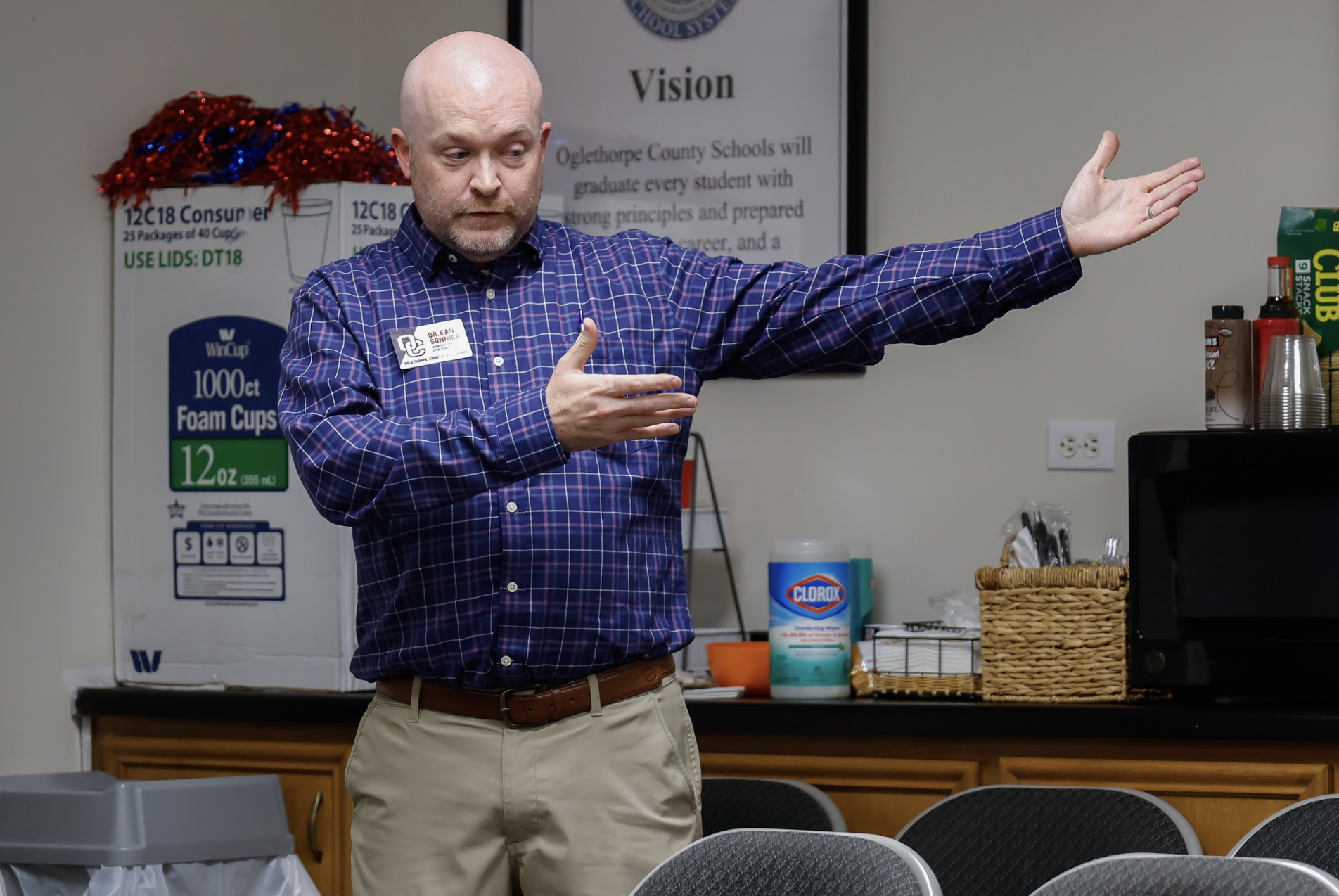 Oglethorpe County High School assistant principal Ean Sonnier discusses a grant worth $80,000 during the BOE meeting on Tuesday. The money has been earmarked for a new tractor, a welding cutter and other equipment for the agriculture program. (Drew Bearden/The Oglethorpe Echo)