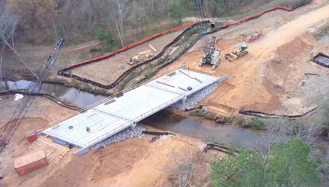 This photo of the construction of the bridge on Crawford-Smithonia Road was taken by one of Oglethorpe County’s drones. The bridge is on schedule and is projected to reopen by February. (SUBMITTED PHOTO)