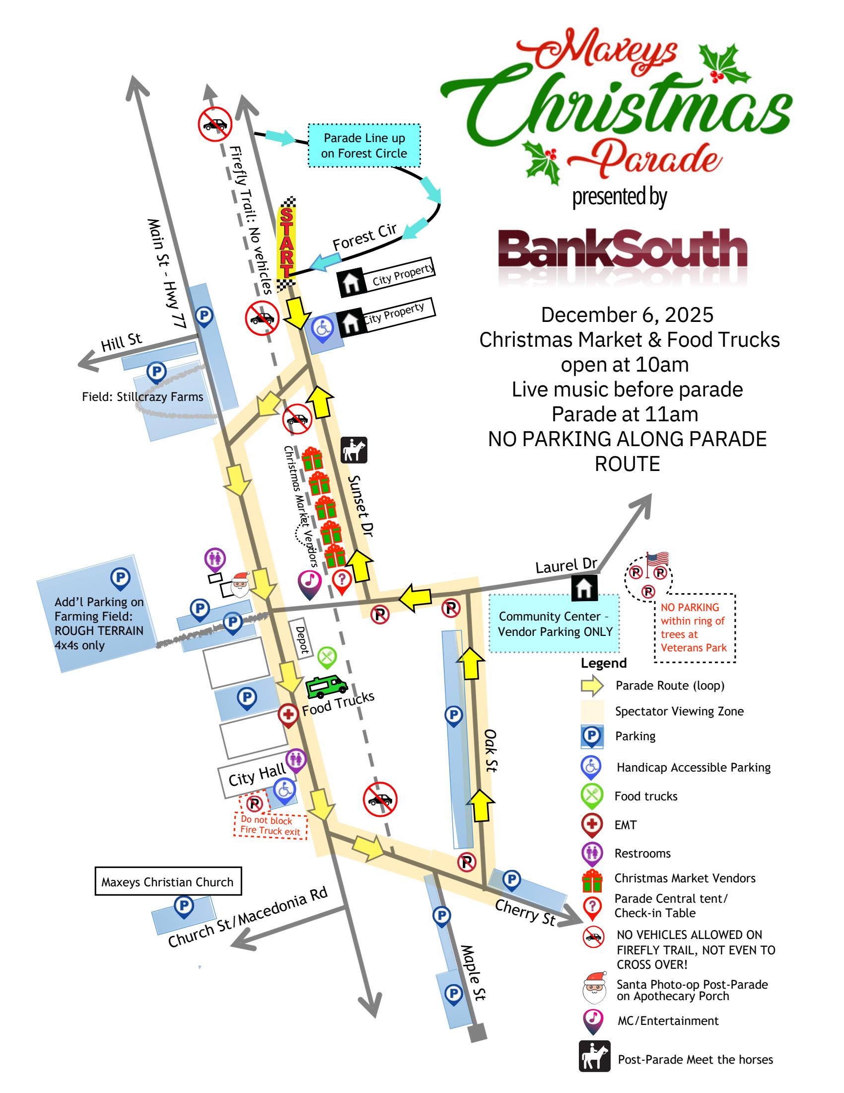 A parade route map for the Maxeys Christmas Parade shows the streets affected during the event on Saturday, Dec. 6, 2025. No parking is allowed along the parade route, and parts of Laurel Lane, Sunset Drive and Forest Circle may be blocked beginning at 9 a.m. A section of Highway 77 will close at 11 a.m. for the parade and is expected to reopen by about 11:40 a.m. Side roads will reopen once the parade clears. (Map/Carrie Hayes)