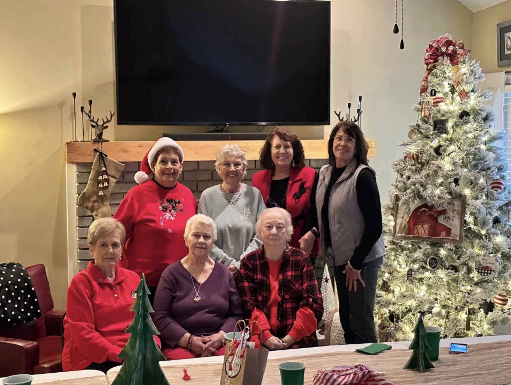 Members of the Red Hat Society meet at restaurants or in members’ homes, such as this Christmas gathering. The only requirements: members must be at least 50 years old and wear purple clothing and red hats. (Submitted Photo)