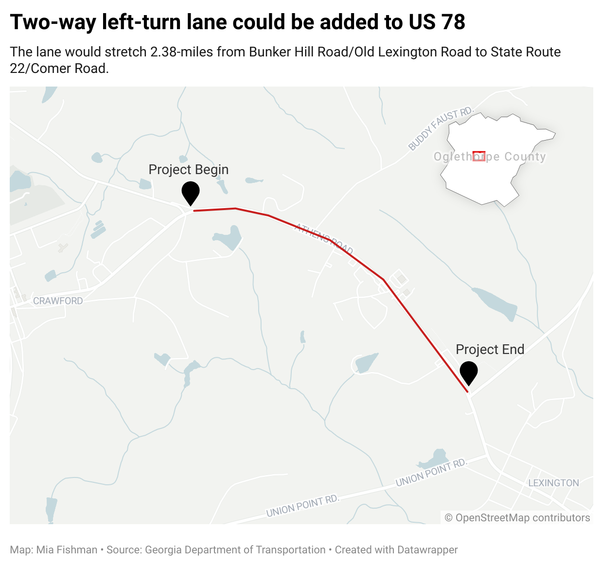 There were 224 accidents along the corridor from 2013-23, resulting in 80 incidents with injury and one fatality, according to GDOT. It warns that without the project, “safety and traffic operations are not expected to improve along the corridor.” (Graphic/Mia Fishman)