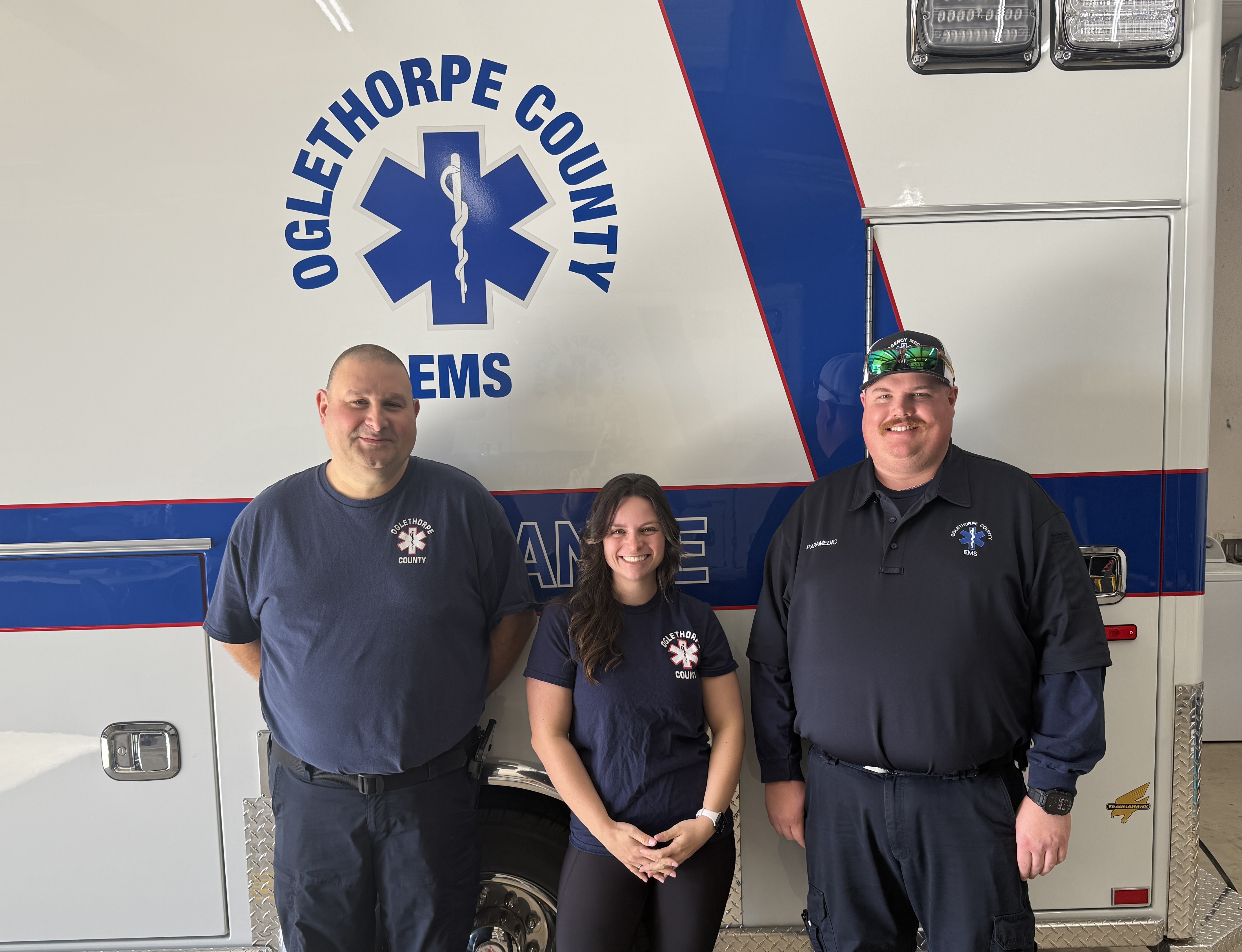 Oglethorpe County EMS supervisor paramedic Dennis Weaver (from left), paramedic Taylor Smith and advanced emergency medical tech Kelly Huff delivered a baby on Jan. 8. Weaver assisted in the delivery of the baby in the quick response vehicle while Smith and Huff responded in an ambulance. (Submitted Photo)