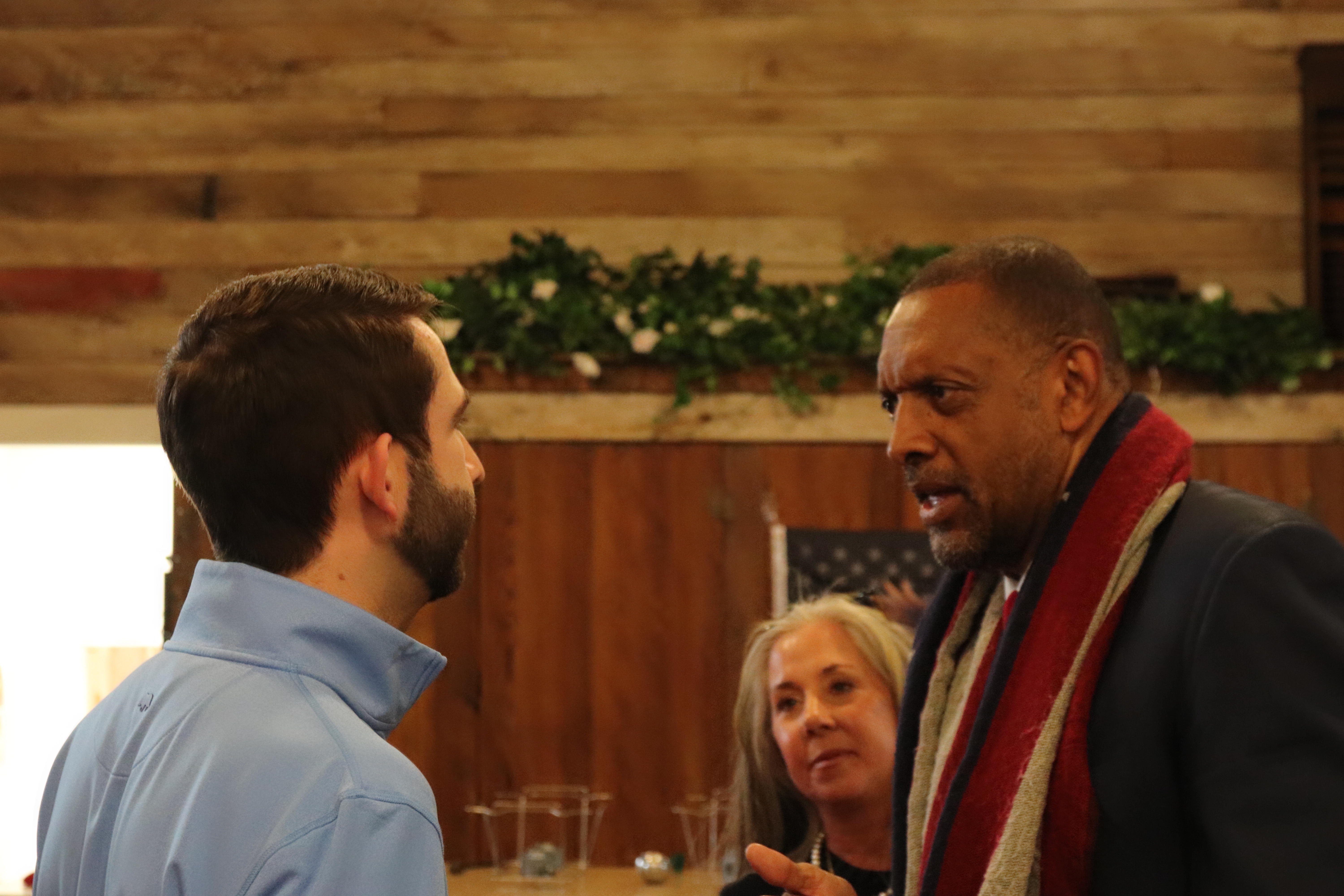 Houston Gaines (left), a candidate for the U.S. House of Representatives, chats with Vernon Jones, former state representative and candidate for Georgia Secretary of State, on Saturday. They took part in the GOP rally held at the Historic Crawford Depot. (Photo/Riley Baugh)