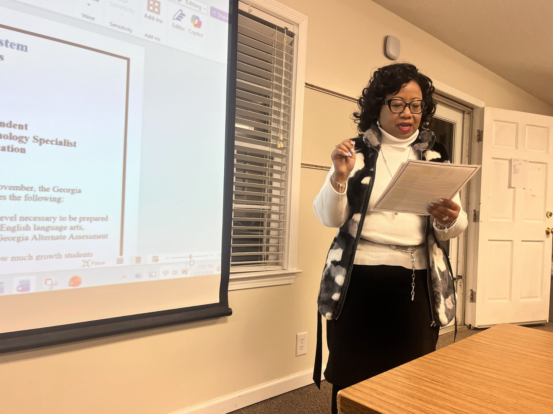 Assistant Superintendent Kanya Cornish gives a presentation about Oglethorpe County’s College and Career Ready Performance Index (CCRPI) at the BOE meeting on Tuesday night. OCHS’ score jumped to 71.6 from 58.7. (Photo/Ansley Gavlak)