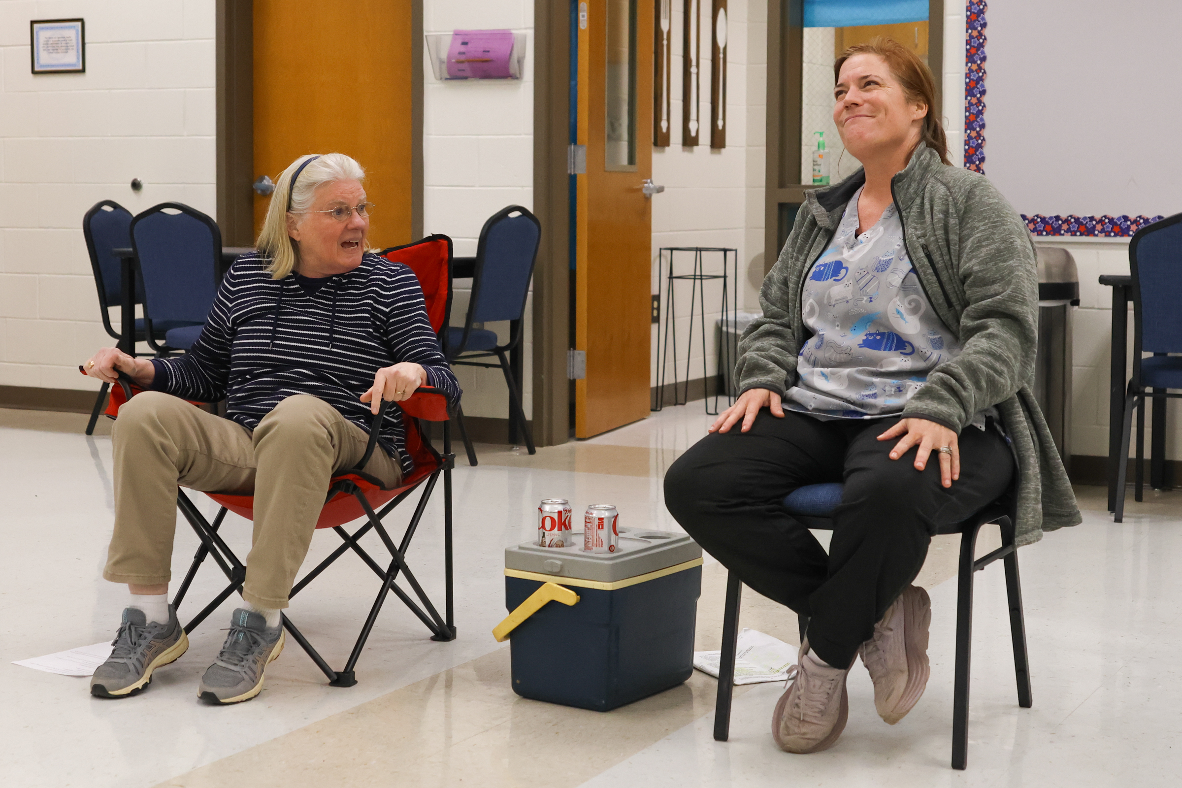 Arts! Oglethorpe vice president Bly Hartley (left) and performer Renee Evans rehearse a scene for "Almost, Maine" at Oglethorpe County Middle School on Feb. 5. Arts! Oglethorpe will perform the play on Feb. 20-21 at the Historic Crawford School. (Photo/Addison Simmons)