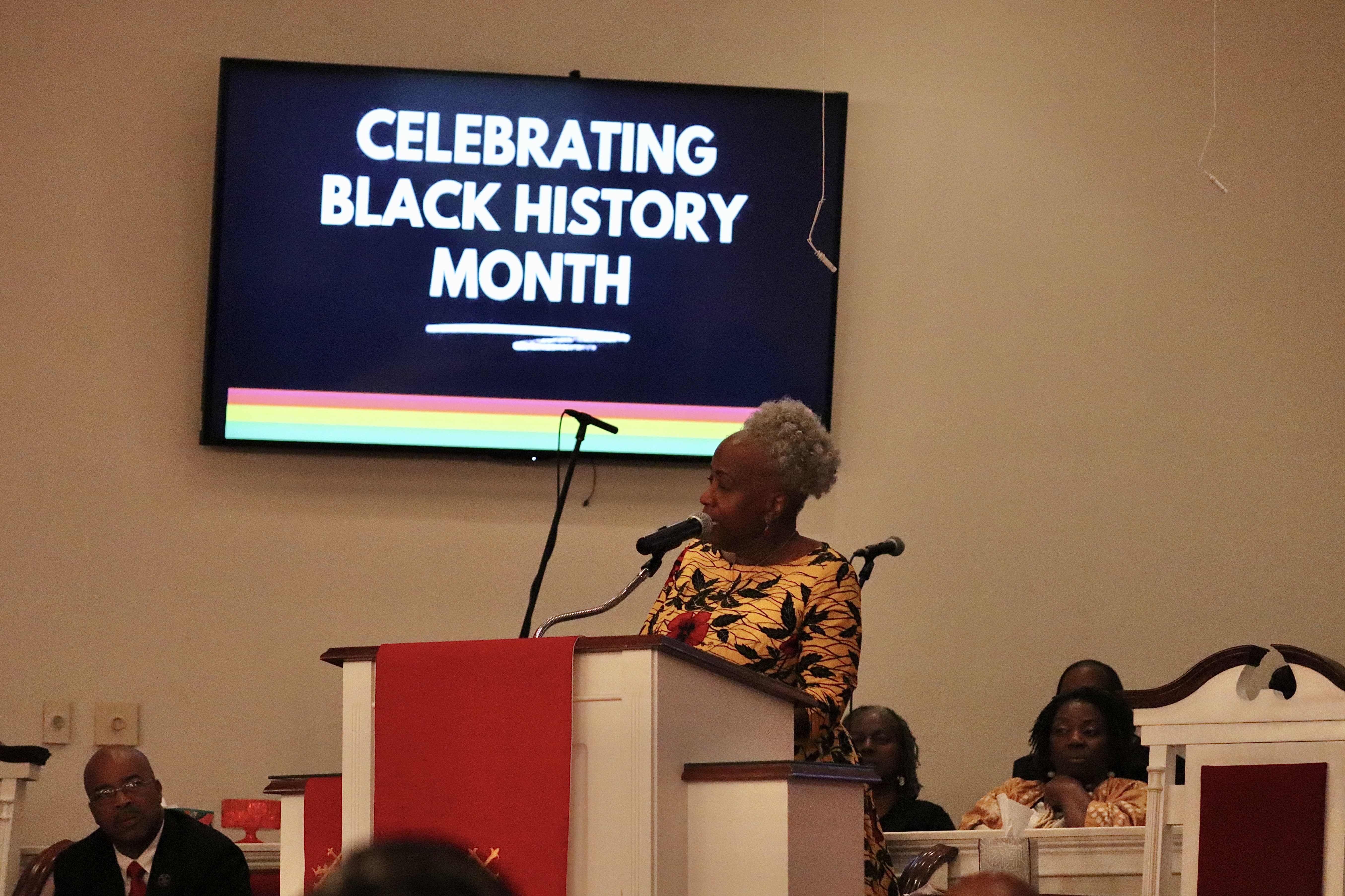 Monica Kaufman Pearson speaks to the congregation during the inaugural Black History Collaborative at Thankful Baptist Church in Stephens on Sunday. Kaufman Pearson was a groundbreaking news anchor in Atlanta. (Photo/ Mia Tanner)