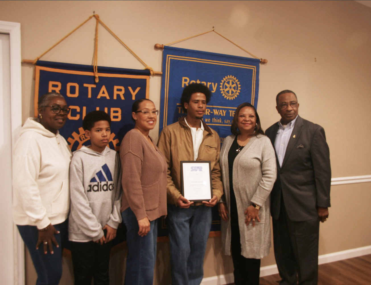 Twona Price (left), Chase Watkins, Marquita Arnold Freeman, Kayden Watkins, Debbie Watkins and Randy Watkins pose for a photo at the rotary club on Friday, Feb. 13, 2026. Kayden was named star student of the year. (Photo/Jasmine Milbourne)
