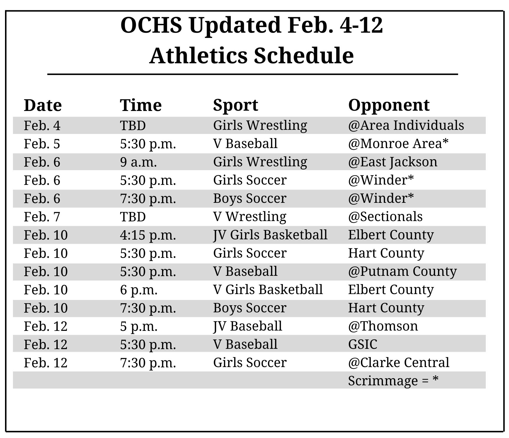 A chart showing Oglethorpe County High School's updated February athletics schedule. (Graph/Nicholas Eriksen)