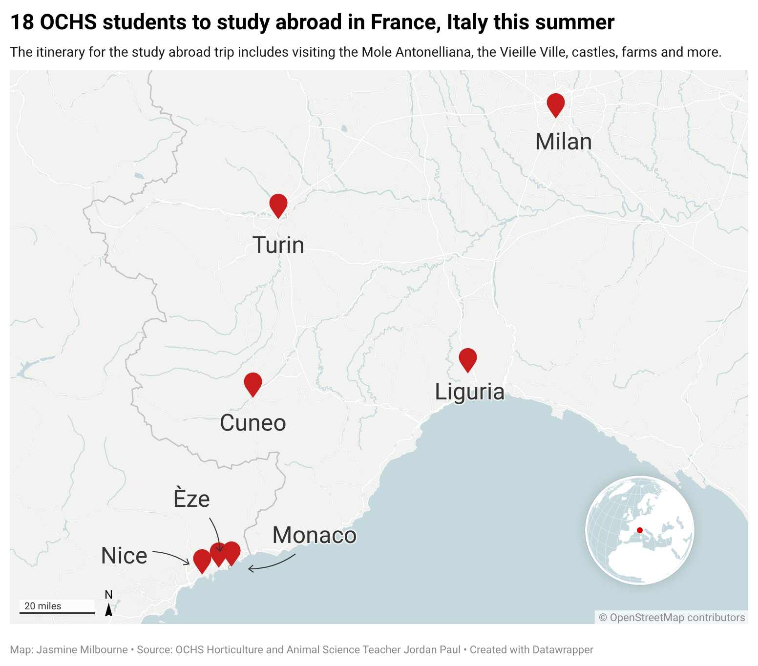 OCHS students will travel to multiple places in Italy and France this summer for a agricultural based study abroad. (Graphic/Jasmine Milbourne)