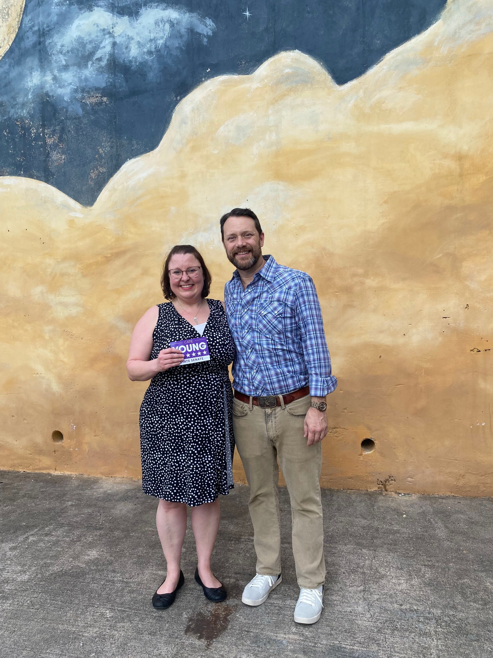 Catie Young, who lives in Smithonia, is shown with Jason Carter, a grandson of former President Jimmy Carter. Young is one of two Democrats running in the general primary to face state Sen. Lee Anderson in November. (Submitted Photo)
