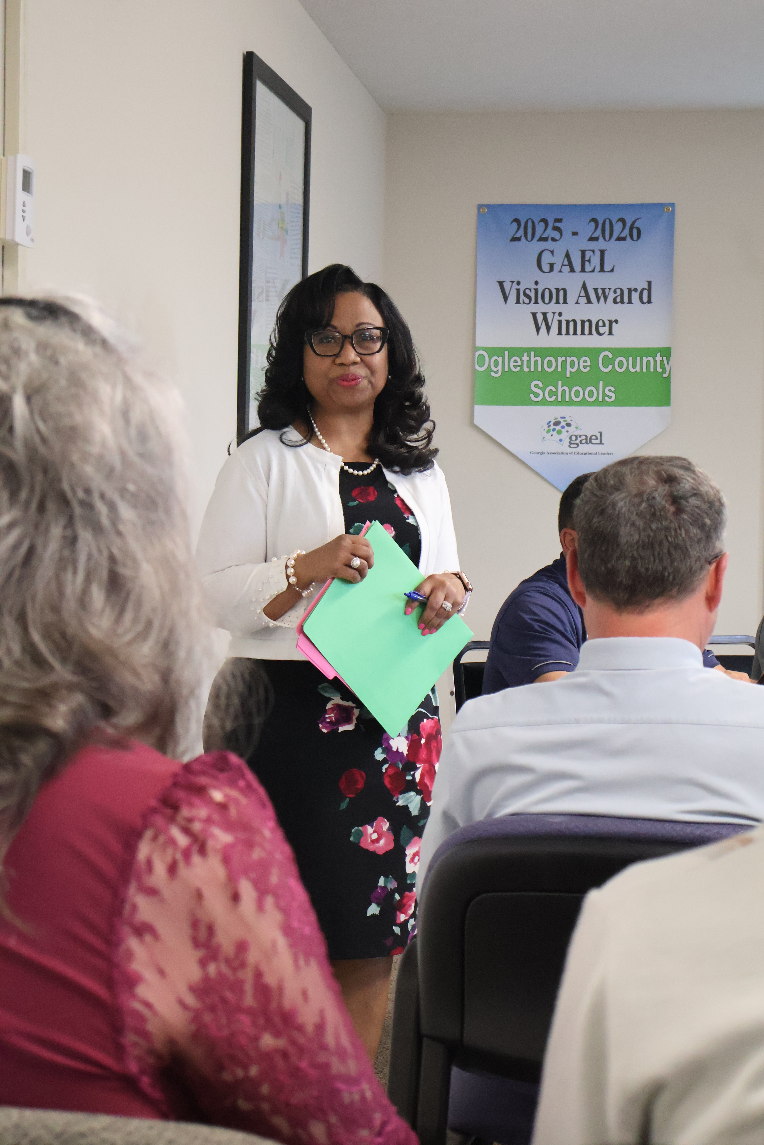 Assistant Superintendent Kanya Cornish introduces the Young Georgia Author winners from the middle and high schools at the April Board of Education meeting this year. Cornish is retiring from Oglethorpe County Schools after 25 years of service in teaching and administration. (Jasmine Milbourne/The Oglethorpe Echo)