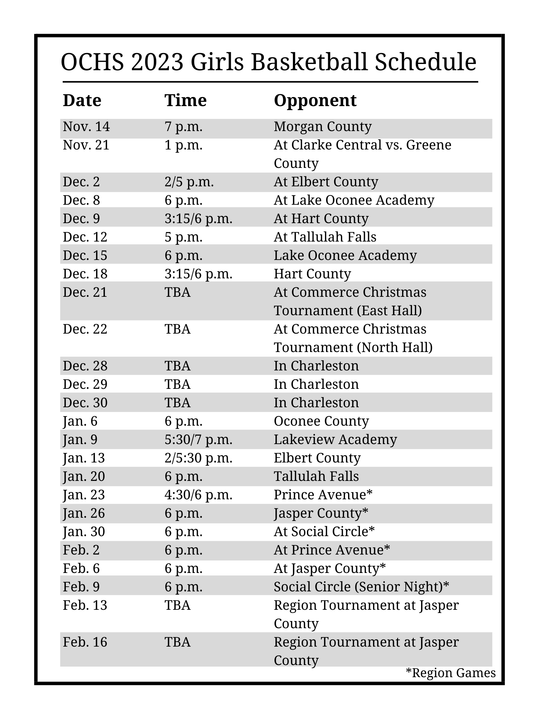 OCHS 2023 Girls Basketball Schedule