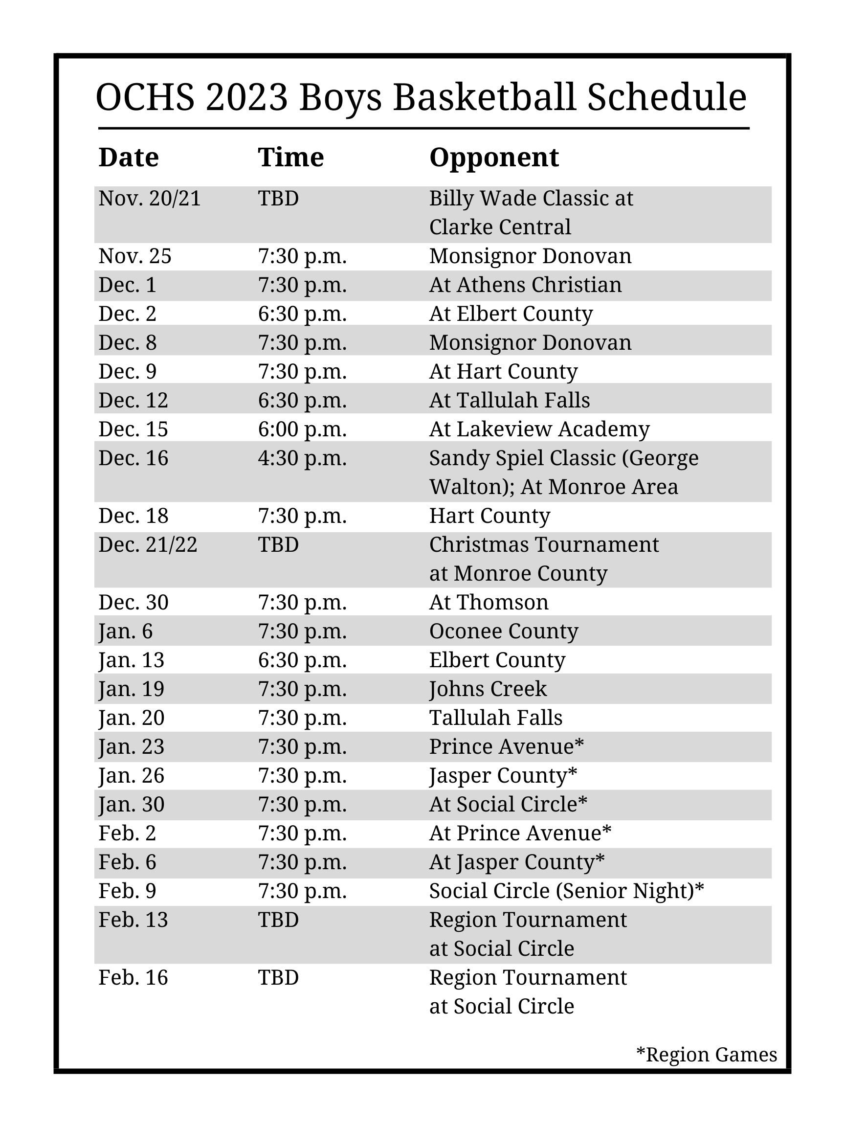 2023-2024 OCHS Boys Basketball Schedule