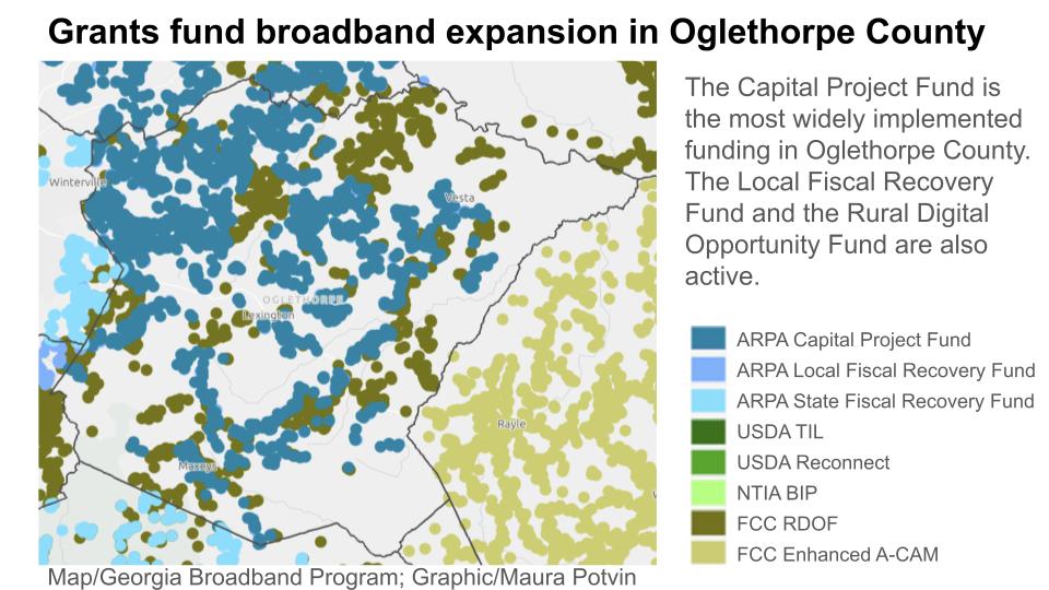 A map showing what grants fund broadband in what parts of Oglethorpe County.