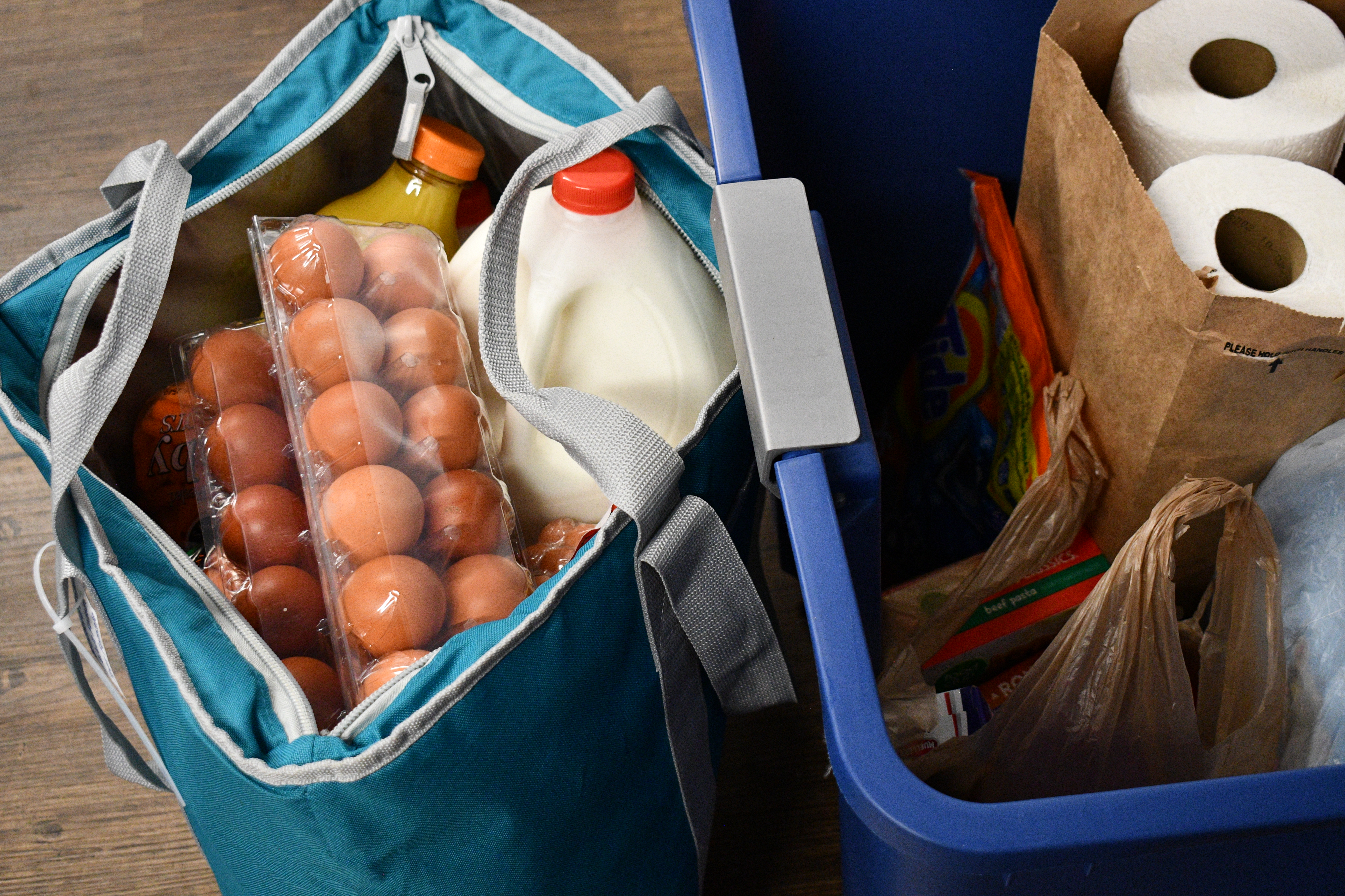 Donations in bag and bucket