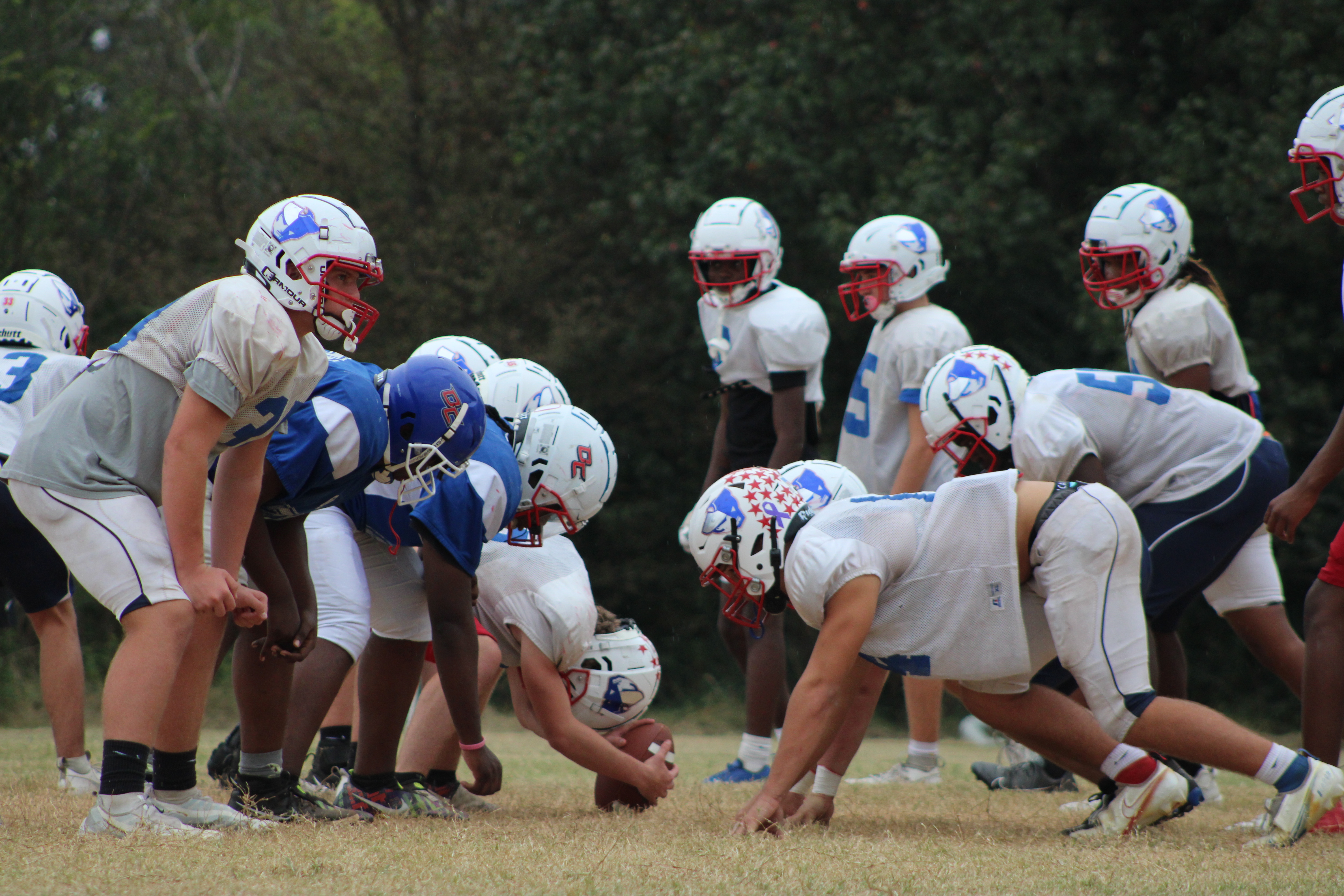 Oglethorpe County's football team scrimmages offense versus defense on Wednesday, Oct. 11 before its region opener against Prince Avenue. The Patriots are coming off of a bye week and will play the Wolverines at home at 7:30 p.m. Friday, Oct. 20. (LAUREN HILL/THE OGLETHORPE ECHO)