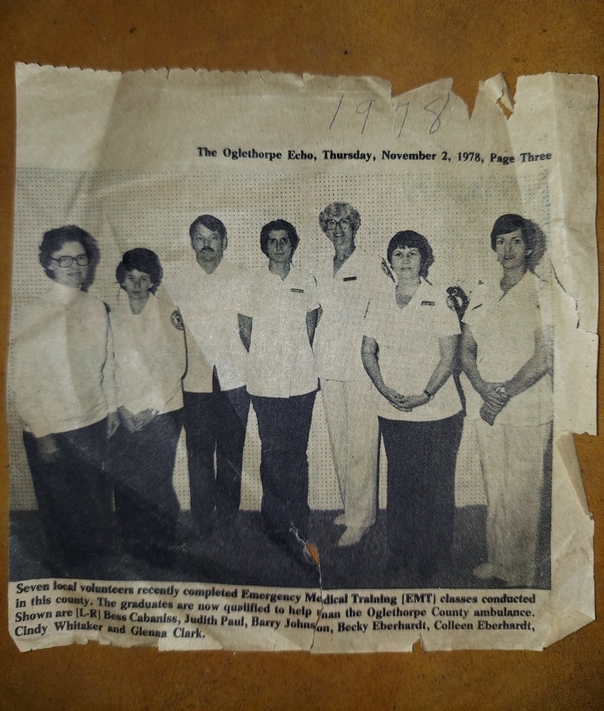 Members of an early EMS training group are shown in a photo published in The Oglethorpe Echo in 1978. They included (from left) Bess Cabaniss, Judith Paul, Barry Johnson, Becky Eberhardt, Colleen Eberhardt, Cindy Whitaker and Glenna Clark. (Submitted Photo)