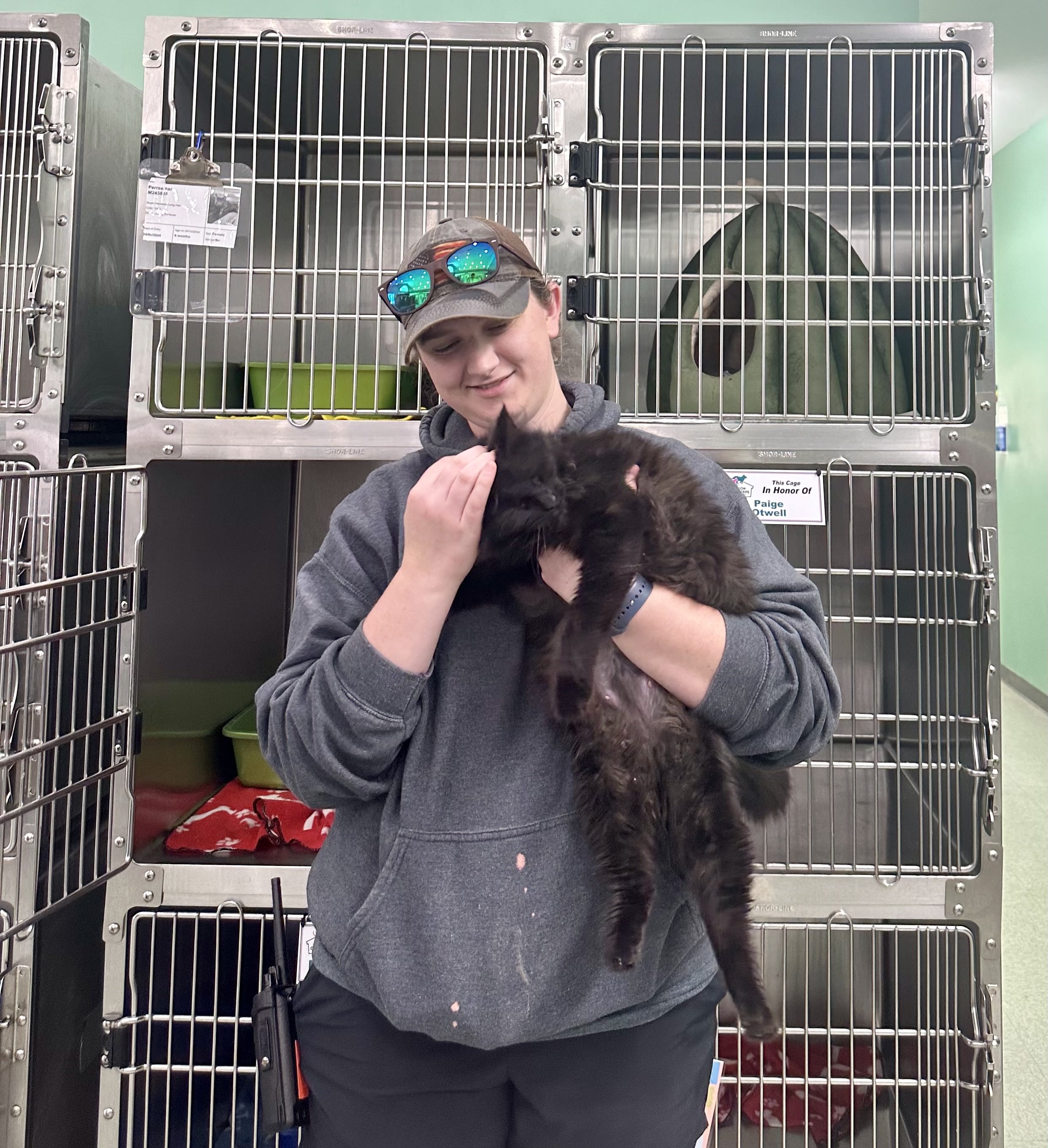 MOAS shelter manager Juli Huth holds Athena, a black cat that is available for adoption and sponsorship through the MOAS sponsorship program. Cats have a standard fee of $65, or $75 to include a microchip. 