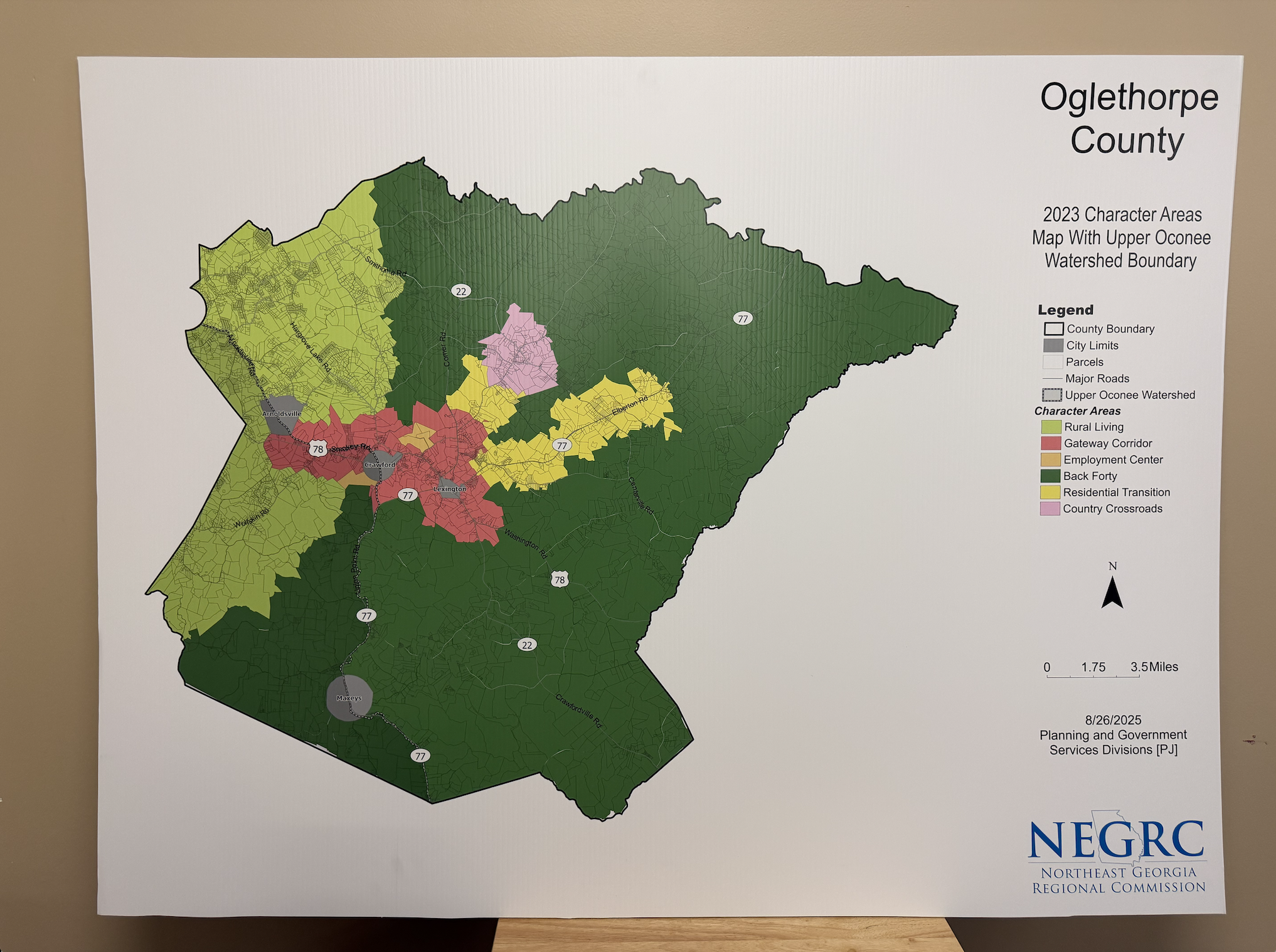 The future land use map for Oglethorpe County, displayed during the Nov. 18 comprehensive plan meeting, outlines character areas such as rural living, employment centers and residential transition zones that will guide growth and development decisions over the next 20 years. (Photo/Sophia Eppley)