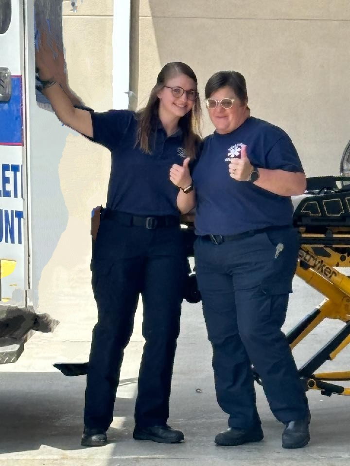 Erin Singleton (left) poses with her mother, paramedic Millie Evans, during an early 2023 ride-along with Oglethorpe County EMS. The shift inspired Singleton to leave her communications studies and enroll in EMT school. (Submitted Photo)