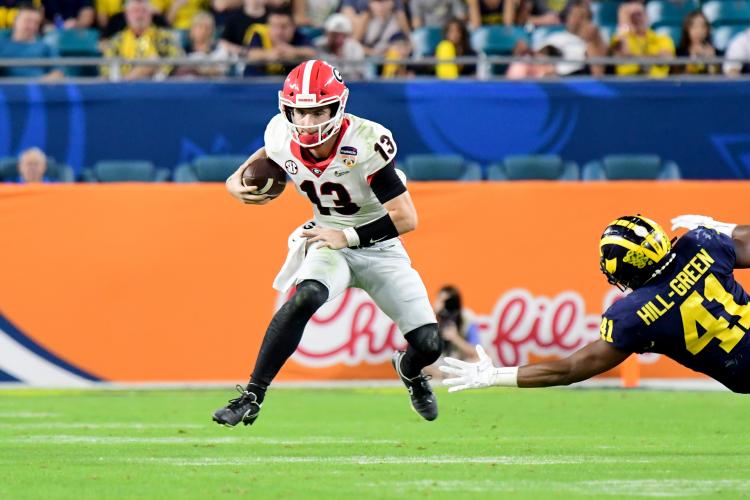 ESPN’s Rece Davis interviews Bennett, the 2021 Orange Bowl’s offensive MVP. (Submitted Photo/Perry McIntyre, UGA Sports)
