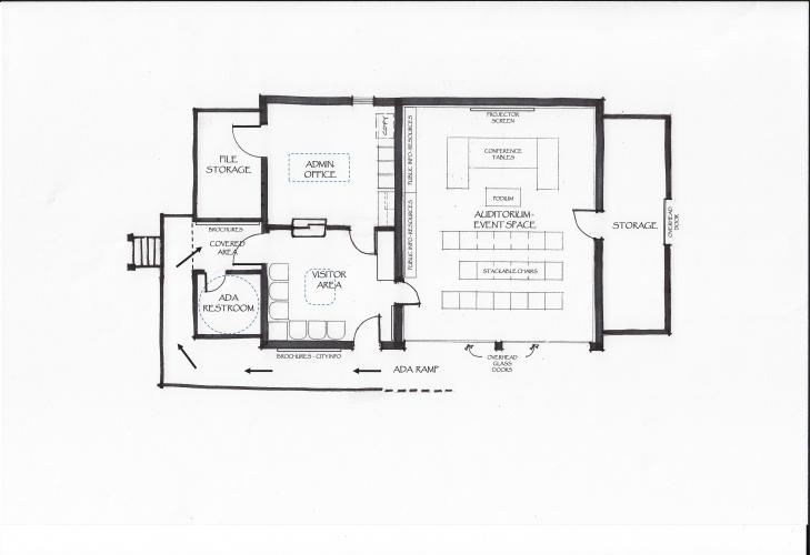 Evelyn Reece, of Reece Preservation Services, LLC, created the above draft design, which includes an auditorium for events, space for a visitor's center and ADA compliance for the entire building. (Submitted Photo)