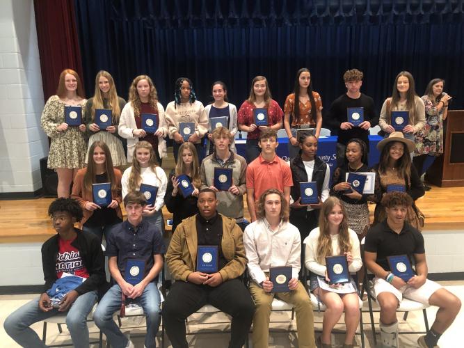 Oglethorpe County High School athletes received awards at the school's Fall Sports Recognition Ceremony on Dec. 6. They include (front, left to right): Kirk Ross, Bubba Luke McGarity, KB Bonds, Joseph Turner, Kendal Eidson, Nate Brown; (middle, left to right) Abby Cabaniss, Lizzie Wadsworth, Avery Kort, Austin Kort, Landon Malonee, McKenzie Freeman, Breanna Crowder, Camile Davenport; (back, left to right) Abby Lee Jones, Ella Mason, Samantha Amos, Sydnie Henderson, Harper Palmer, Elizabeth Russell, Cheyenne
