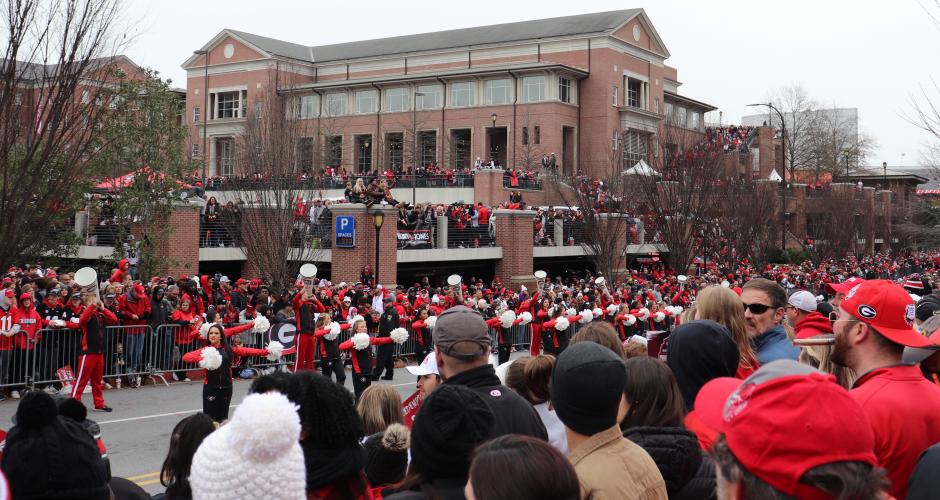Thousands of Georgia fans lined South Lumpkin Street and campus streets during the parade and celebration last Saturday. (Photo/Julianna Russ)