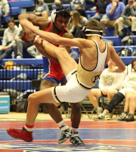 Shane Watson sends his Pepperell opponent to the mat to help the Patriots advance at the state championship. (Donny Faust/Submitted Photo)