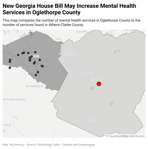 This map compares the number of mental health services in Oglethorpe County to the number of services found in Athens-Clarke County. (Aly Hertzog/The Oglethorpe Echo)