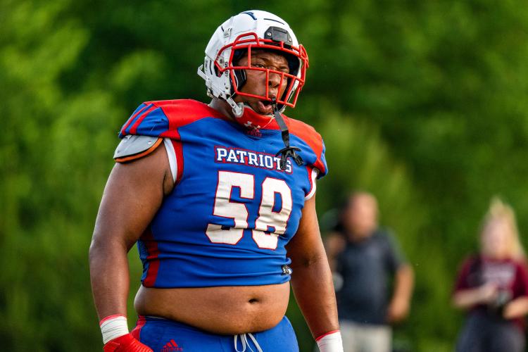 OCHS defensive lineman K.B. Bonds celebrates after a play. Bonds and the rest of the defensive line caused several quarterbacks hurries and sacks during the game against Chestatee. (Photo/Jack Casey)
