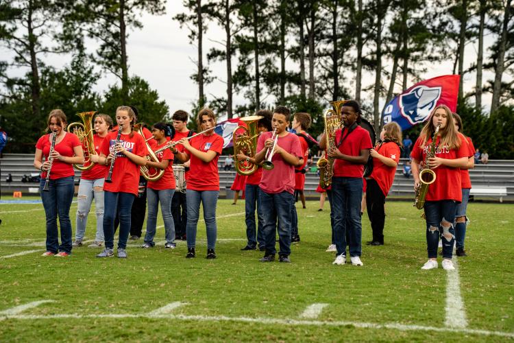 Members of the OCMS band play before kickoff of Friday’s game against Lake Oconee Academy. The band was part of the pregame festivities. (JACK CASEY/THE OGLETHORPE ECHO)