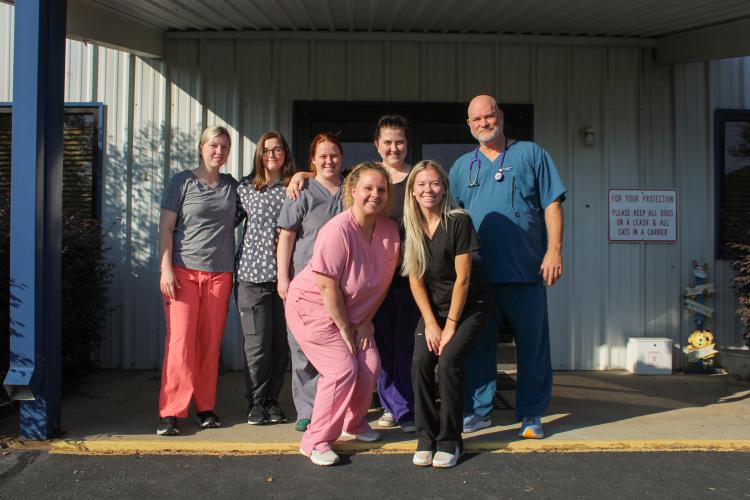 The staff of the Oglethorpe Animal Clinic includes, back row, from left: Haven Wells, Samantha Bell, Ginger Wenzl, Hillary Whiddon and Ed Rowan; bottom row, from left: AnnaBeth Barber and Kameron Brownlee. (Basil Terhune/The Oglethorpe Echo)