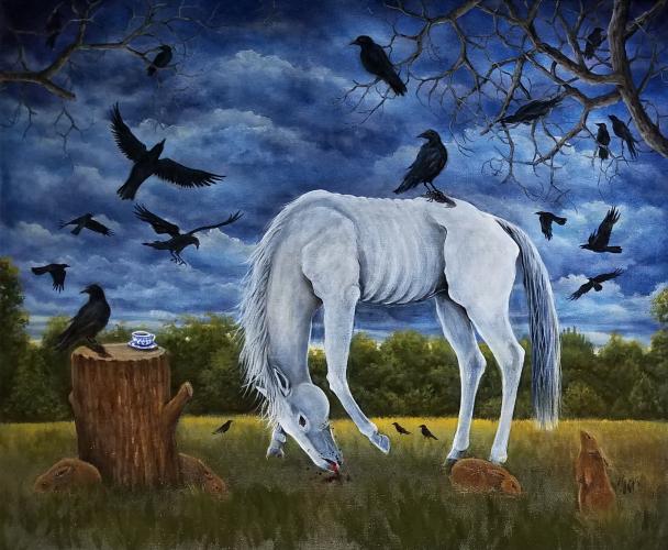 An original painting by Cheryl Washburn titled "Corvid-19" is a depiction of the artist's difficulties during the height of the pandemic. Washburn's work will be featured at the Art Crawl in Lexington on Saturday. (Submitted Photo)