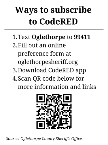 To sign up for alerts, text “Oglethorpe” to 99411 and create an account. You can also visit the sheriff’s webpage to create an online account. The sheriff’s webpage instructs residents to text 994111, instead of 99411. The latter number is correct. (Graphic/ Katie Tucker)