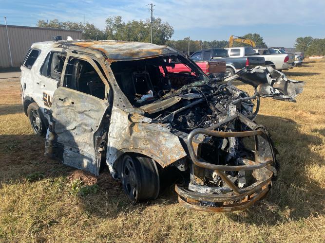 Oglethorpe County Sheriff’s Office Deputy Kevin Wright’s patrol SUV is at the county maintenance shop after last week’s single-car accident on Arnoldsville Road. (Photo/Dink NeSmith)