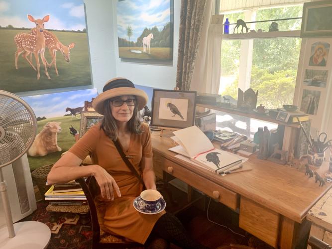 Artist Cheryl Washburn’s studio is in the Lexington home of fellow artist Terry Rowlett. Rowlett opened his home and she worked in her studio during this year’s Art Crawl.