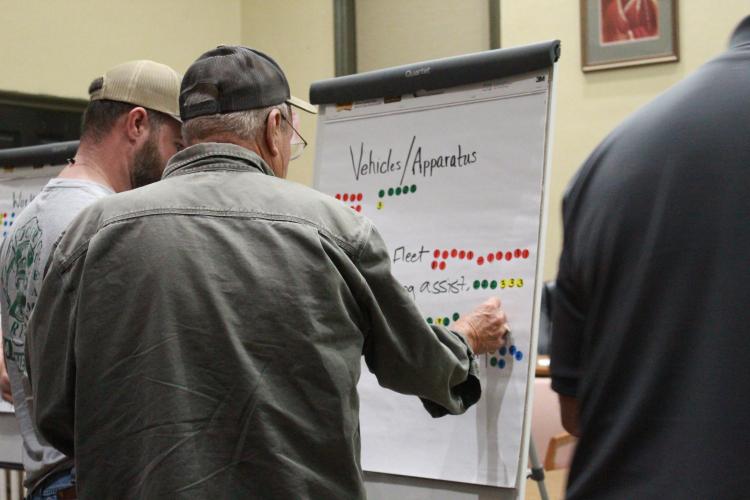 Firefighters place numbered stickers on large pads of paper to indicate their station's priorities during a meeting in the Oglethorpe County courthouse in Lexington, Georgia, on Monday, Oct. 17. (Photo/Emily Garcia)