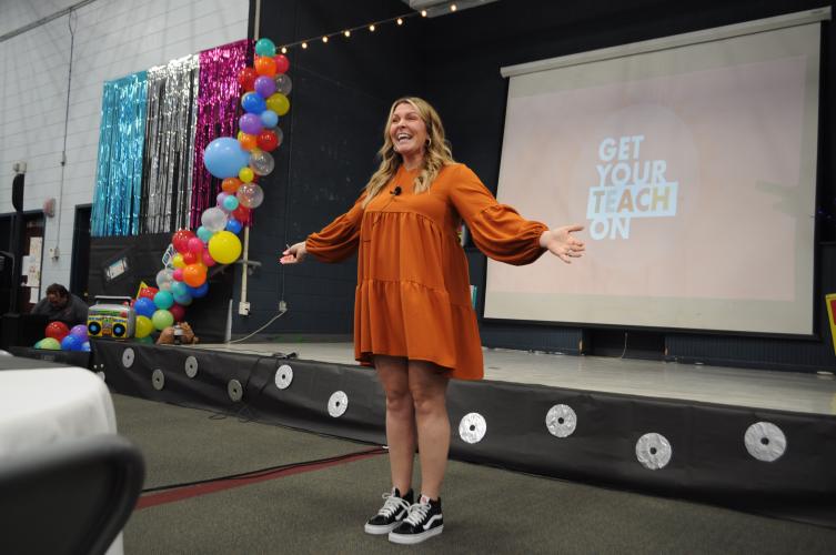 Hope King, CEO and co-founder of Get Your Teach On, spoke to Oglethorpe County teachers on Friday, Oct. 7. She explained that teachers who feel unmotivated and exhausted must make time for themselves in order to effectively be there for their students. (Photo/Megan Fitzgerald)