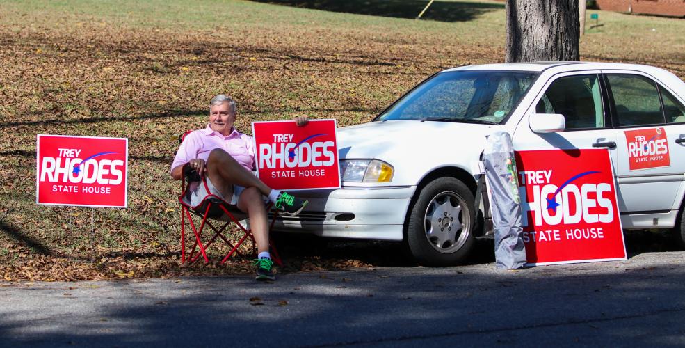 Lanier Rhodes, who is state Rep. Trey Rhodes’ dad, campaigns outside Lexington Baptist Church on Tuesday. Rhodes defeated Democratic challenger Kat Howkins, of Winterville, in the Georgia House District 124 race.