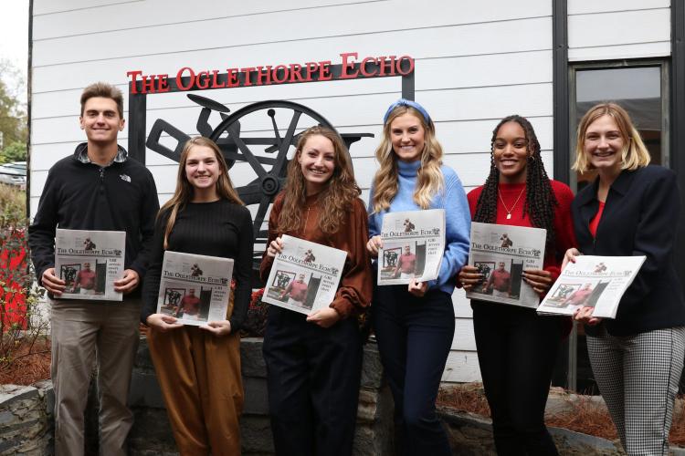 The original UGA staff included (from left) Thomas Ehlers, Alden Lisse, Sarah White, Mackenzie Tanner, De Turner and Julianna Russ. Not pictured: Maddie Brechtel. They reported for The Oglethorpe Echo from October 2021 to last January. (Sarah Freeman/The Oglethorpe Echo)
