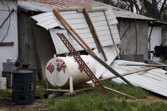 A partially collapsed roof is just part of the damages at Drop Tine, which also lost 80 deer when the power to its freezer was cut. (KYLE SOTO/THE OGLETHORPE ECHO)