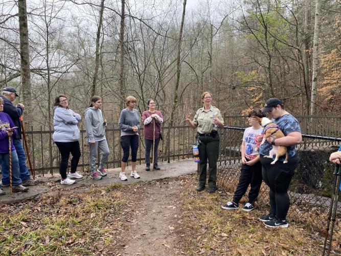 Ranger Lori Higgs led the First Day Hike at Watson Mill Bridge State Park on Jan. 1. About 30 people attended the event. (Erin Kenney/The Oglethorpe Echo)