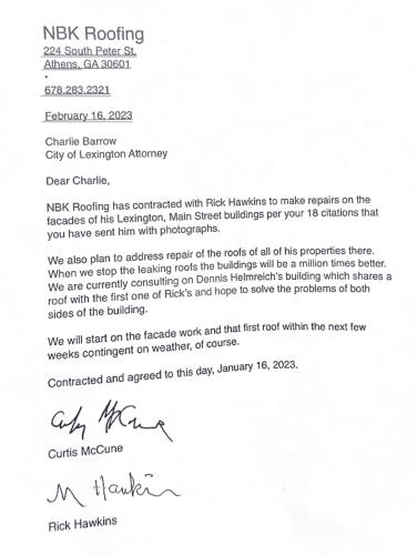 Copy of email by Rick Hawkins sent to Lexington city attorney, Charlie Barrow, on Monday, Jan. 16, 2023.  Email discloses Hawkins intention to repair facades and fix the roofs on his five store front Main Street buildings.  (DESTINY HARTWELL/THE OGLETHORPE ECHO)