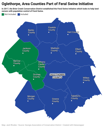 This image shows the participating counties in the Feral Swine District Initiative. The initiative was implemented to help reduce feral swine population through the state of Georgia. (Georgia Association of Conservation Districts/The Oglethorpe Echo)