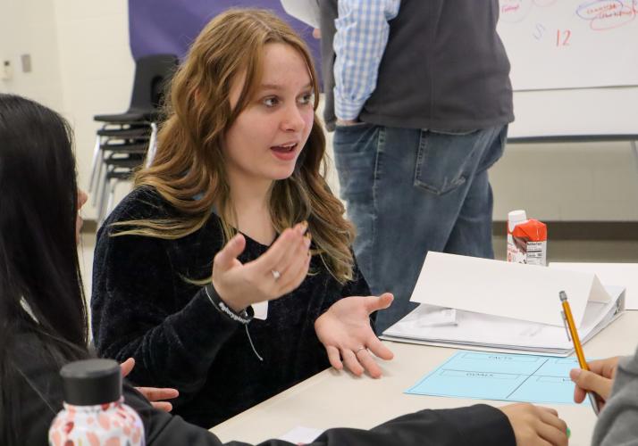 At Oglethorpe County Middle School on Feb. 9 the students of the Youth Leadership course work together to create a conflict. Ashlin Warren one of the students guided the group through her idea that they would later present to the rest of the team. (Photo/ Viktoria Kangas)