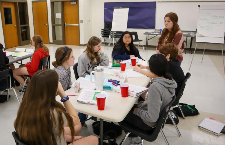 Youth Leadership Oglethorpe facilitator Ally Kelley-Morris, a junior at Oglethorpe County High School, discusses types of conflict with OCMS students in a class last week. (Photo/Viktoria Kangas)