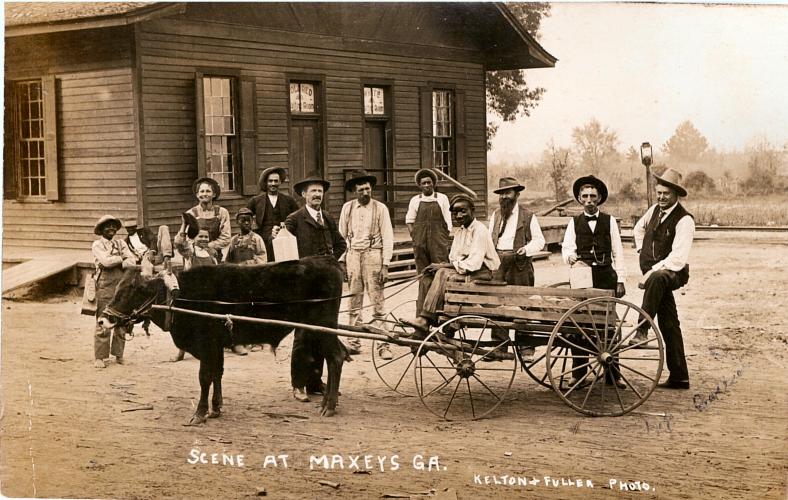 (LINDA HELMLY/PHOTO SUBMISSION) This is a photo of the men of Maxeys in front of the train depot in 1908. There was a "Colored Only" door and a "Whites Only" door to the entrance of the depot, but outside the depot the men were integrated for this photo.